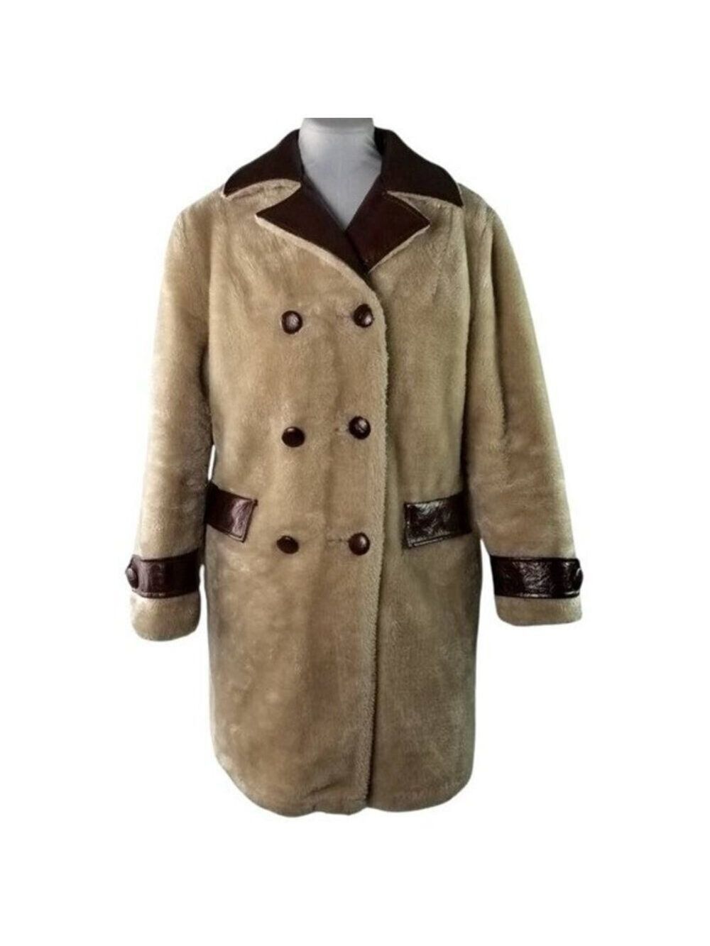 Vintage Fingerhut Fashions Fur Leather Coat Double Breasted Buttons Beige Sz 12